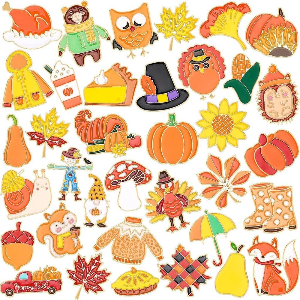 36PCS Fall Enamel Pins Thanksgiving Pumpkin Turkey Lapel Pins Maple Leaf Brooch
